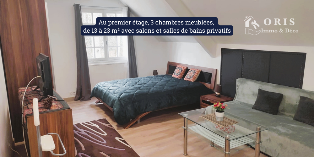 Au premier étage, 3 chambres meublées, de 13 à 23 m² avec salons et salles de bains privatifs